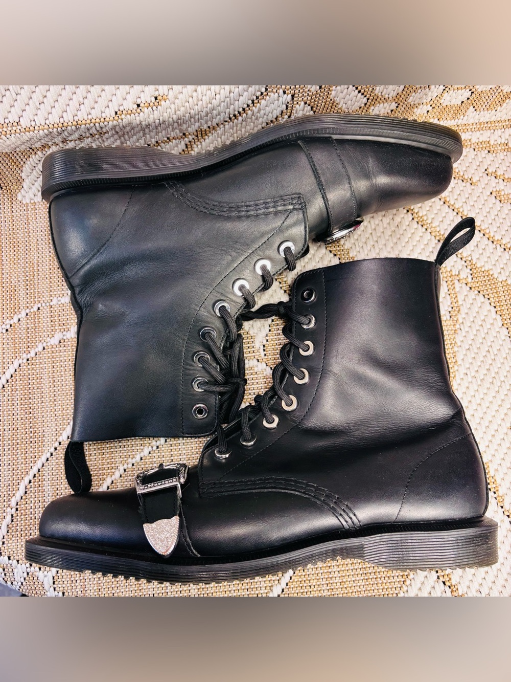 Dr. Martens Ulima Combat Boots Women’s 9 | Black Temperley Leather Buckle Style